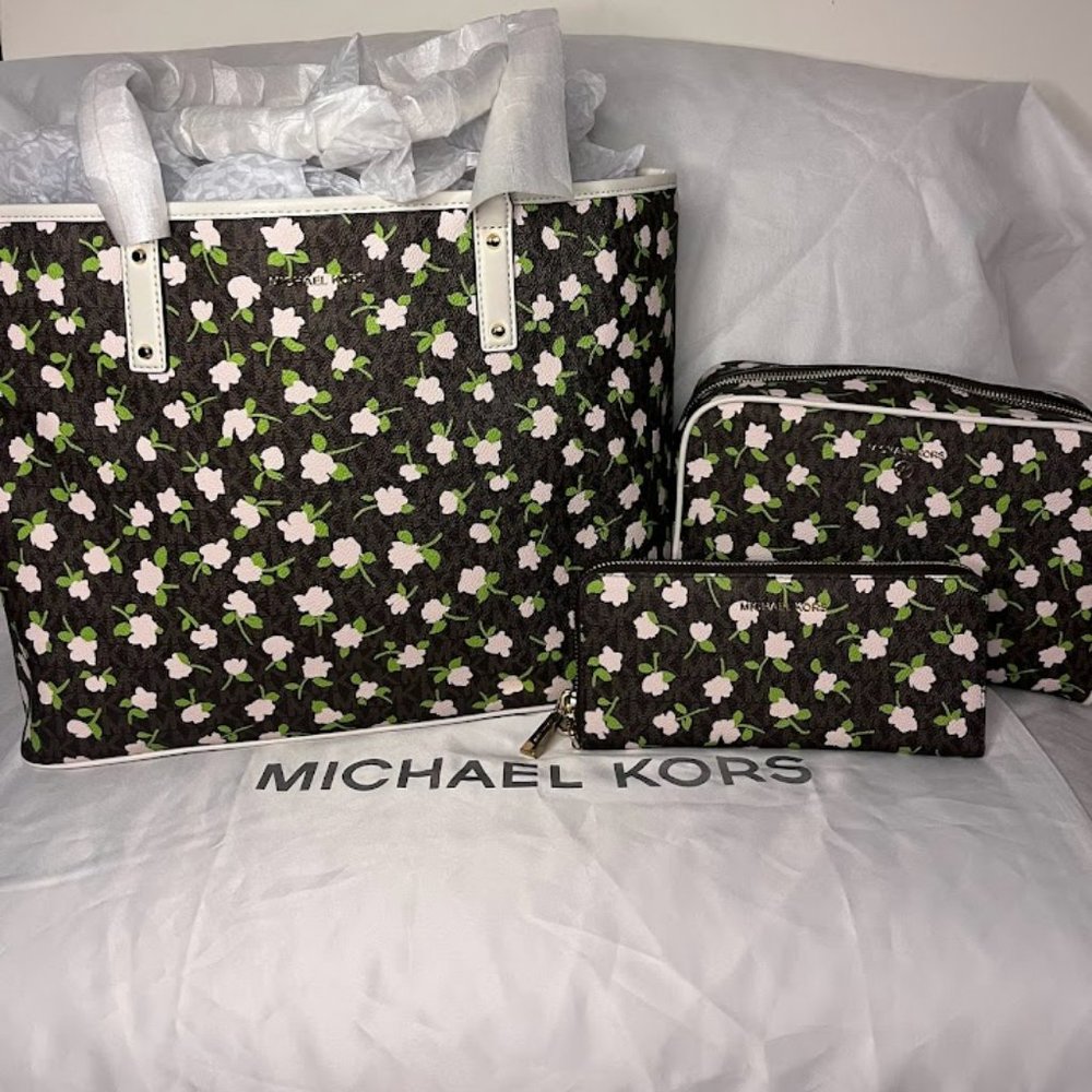 Michael Kors Floral Print Tote with Matching Wallet and Cosmetic Bag